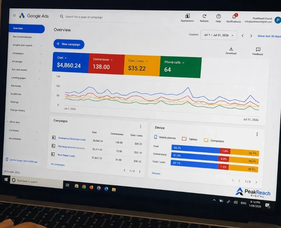 Real Google Ads dashboard managed by Peak Reach Digital showing July performance: 138 conversions, $35.22 cost per conversion, and 64 phone calls.