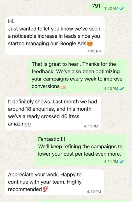 Client WhatsApp message: Google Ads enquiries jumped from about 18 last month to over 40 this month, highly recommended.